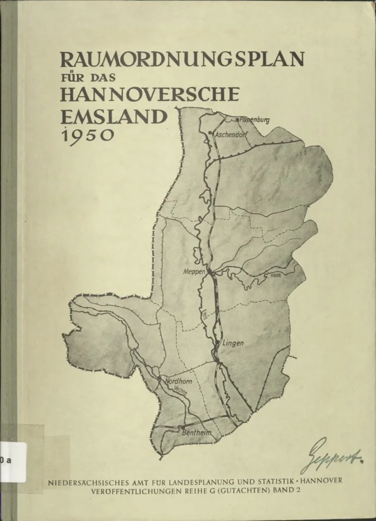 Titelseite des Raumordnungsplans für das Hannoversche Emsland von 1950 mit Regionalkarte von Richard Hugle.