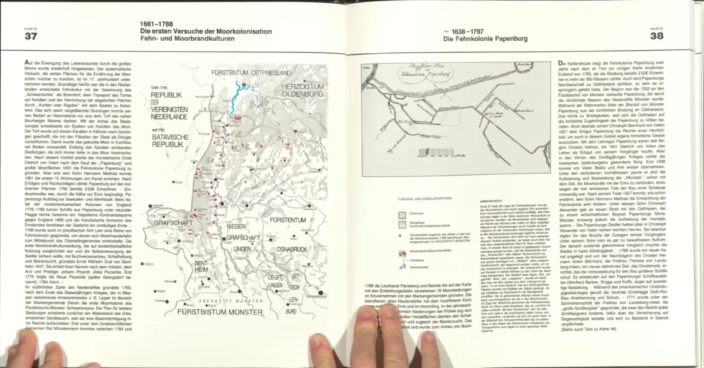 Zwei historische Karten (1661–1797) zeigen frühe Moorkolonisation und die Fehnkolonie Papenburg im Emsland.