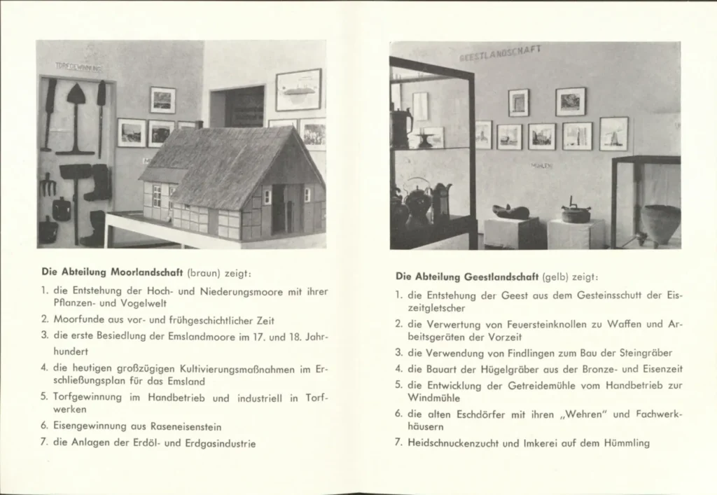 Zwei Museumsräume zeigen Exponate zur Moor- und Geestlandschaft des Emslandes mit Modellen, Werkzeugen und Fotos.