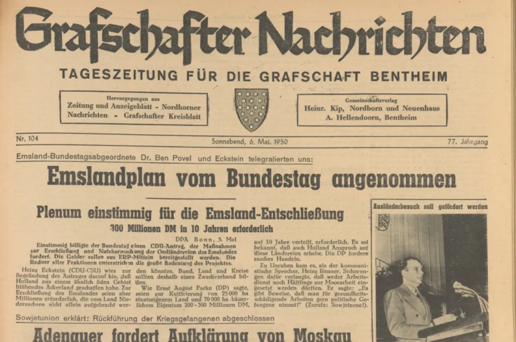 Titelseite der Grafschafter Nachrichten vom 6. Mai 1950 mit der Schlagzeile zur Annahme des Emslandplans im Bundestag.