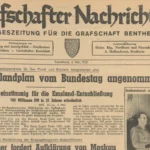 Titelseite der Grafschafter Nachrichten vom 6. Mai 1950 mit der Schlagzeile zur Annahme des Emslandplans im Bundestag.