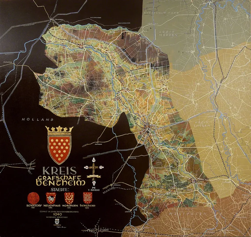 Historische Karte von 1949 zeigt den Kreis Grafschaft Bentheim, umgeben von dunklem Holland, mit Wappen und Stadtsiegeln.