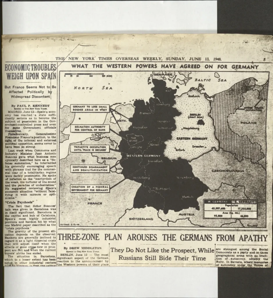 Zeitungskarte der New York Times von 1948 zeigt die Aufteilung Deutschlands in West- und Ostzone nach dem Zweiten Weltkrieg.