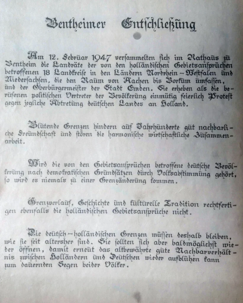 Historisches Dokument der Bentheimer Entschließung vom 12. Februar 1947 gegen holländische Gebietsansprüche auf deutsches Land.
