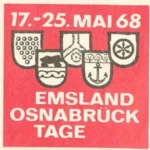 Rote Werbemarke mit fünf Wappen und der Aufschrift Emsland Osnabrück Tage, 17. bis 25. Mai 1968.