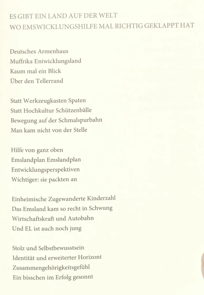 Gedichttext 'Es gibt ein Land auf der Welt' über den Emslandplan und die Entwicklung des Emslandes.