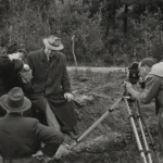 Drei Personen untersuchen eine Ausgrabungsstelle im Freien, während ein Kameramann die Arbeit filmt.