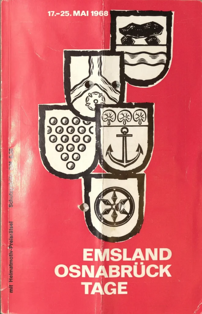Rotes Programmheft der Emsland-Osnabrück-Tage vom 17.–25. Mai 1968 mit fünf regionalen Wappen in Schwarz-Weiß.