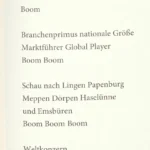 Typografisch gesetztes Gedicht 'Boom Boom Boom Bum' über den wirtschaftlichen Aufschwung des Emslandes.