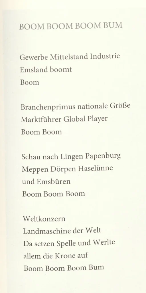Typografisch gesetztes Gedicht 'Boom Boom Boom Bum' über den wirtschaftlichen Aufschwung des Emslandes.