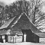 Historisches Schwarzweißfoto eines verfallenen emsländischen Bauernhofs mit Reetdach und Backsteinwänden aus der Emslanderschließungszeit.