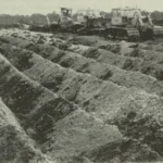 Zwei Bulldozer ziehen parallele Erdwälle für Aufforstungsreihen auf einer weiten Fläche im Emsland.