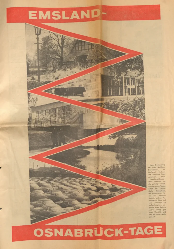 Zeitungsseite mit rotem Zickzack-Layout und Schwarz-Weiß-Fotos zur Veranstaltung Emsland-Osnabrück-Tage 1968.