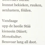 Gedrucktes Gedicht in emsländischer Mundart über den Verlust von Tiervielfalt durch Monokultur.