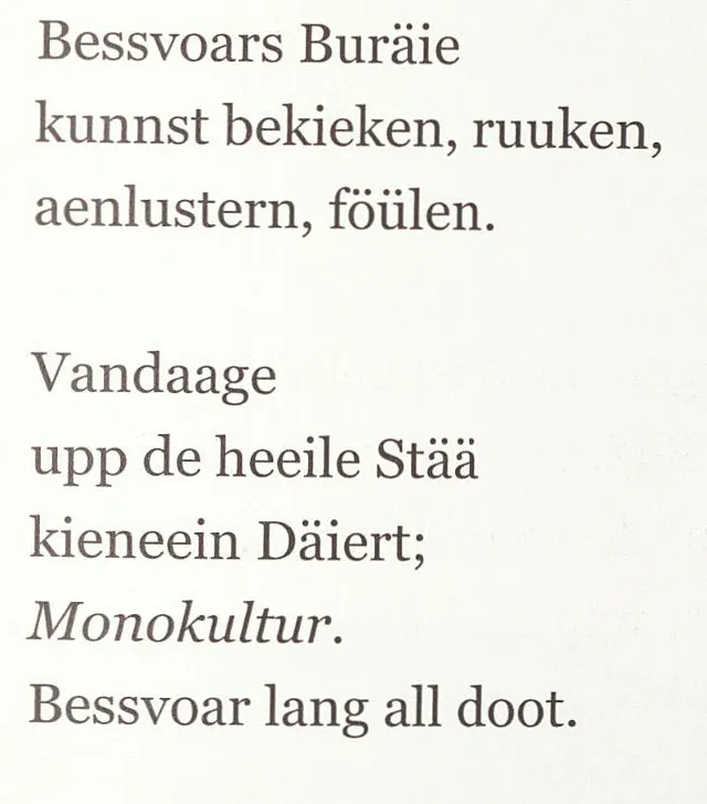 Gedrucktes Gedicht in emsländischer Mundart über den Verlust von Tiervielfalt durch Monokultur.