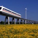 Ein weißer Transrapid-Zug gleitet auf einer Hochtrasse über ein gelbes Blumenfeld, im Hintergrund ein Windrad.