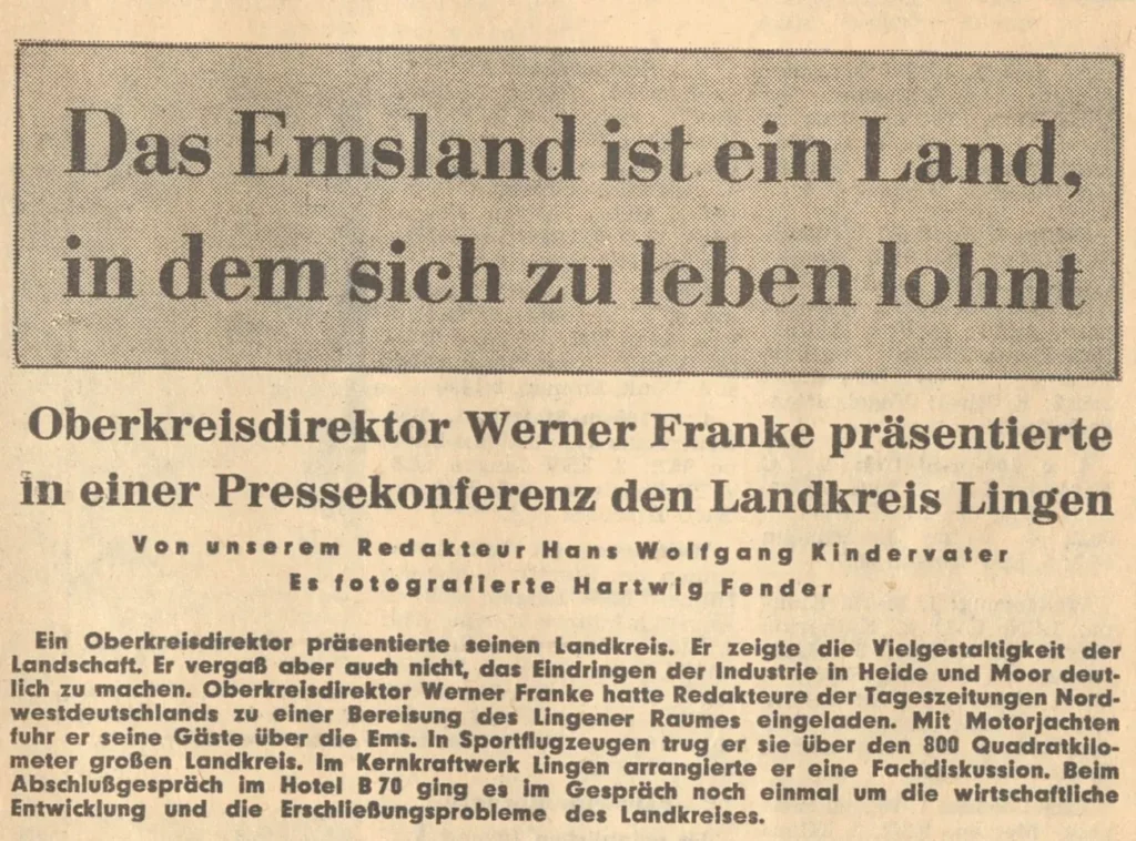 Zeitungsausschnitt mit Headline: Das Emsland ist ein Land, in dem sich zu leben lohnt, über Pressekonferenz von Oberkreisdirektor Werner Franke.