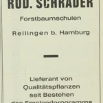 Schwarzweiße Werbeanzeige der Forstbaumschule Rud. Schrader in Rellingen bei Hamburg, Lieferant von Qualitätspflanzen für das Emslandprogramm.
