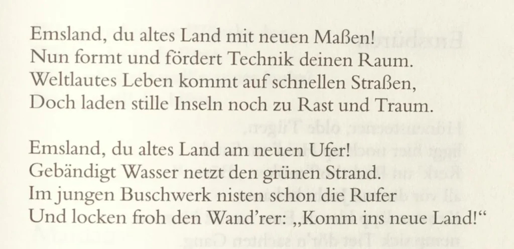 Zwei Strophen des Gedichts 'Altes Land auf neuen Wegen' von Maria Mönch-Tegeder über den Emslandplan.