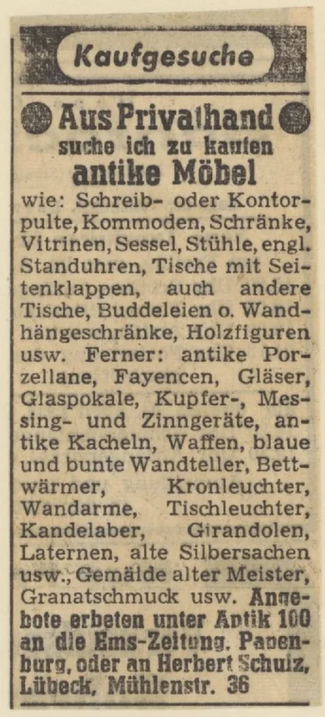 Zeitungsinserat aus der Ems-Zeitung: Privatperson sucht antike Möbel, Kunstgegenstände und Hausrat zu kaufen.