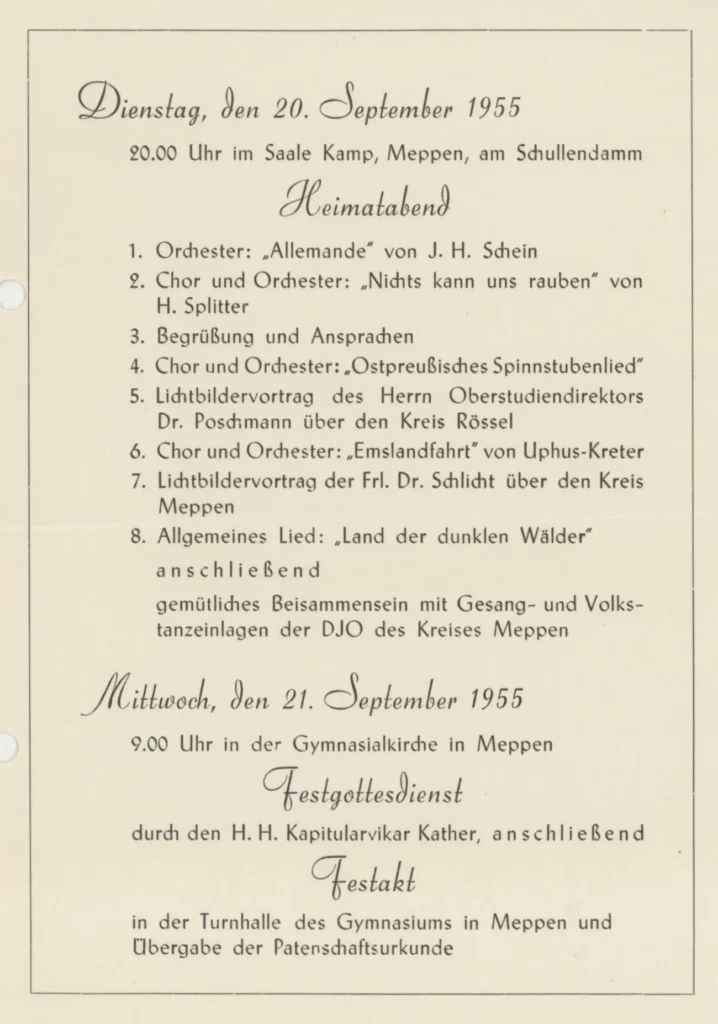 Gedrucktes Veranstaltungsprogramm für Heimatabend und Festgottesdienst in Meppen am 20. und 21. September 1955.