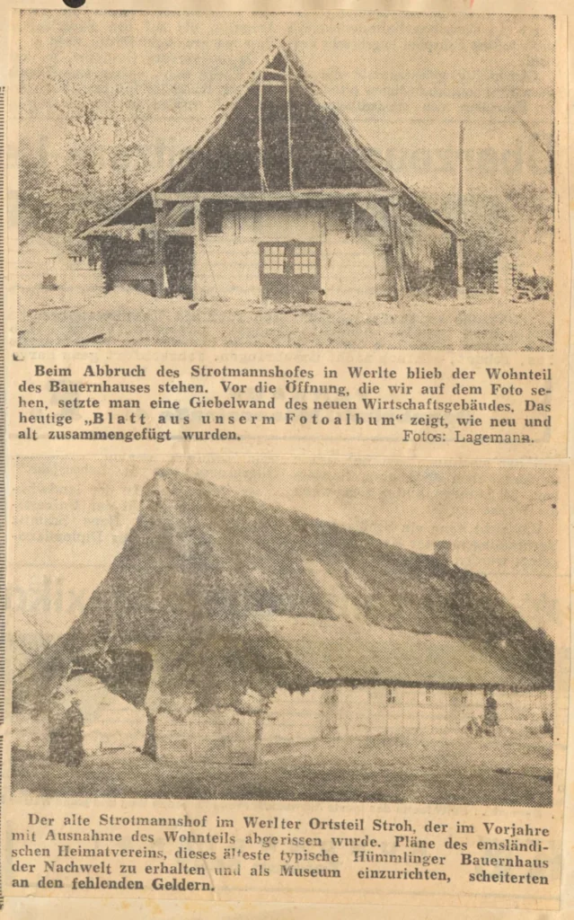 Zwei historische Schwarzweißfotos zeigen den alten Strotmannshof in Werlte vor und während seines Abrisses in den 1950er Jahren.