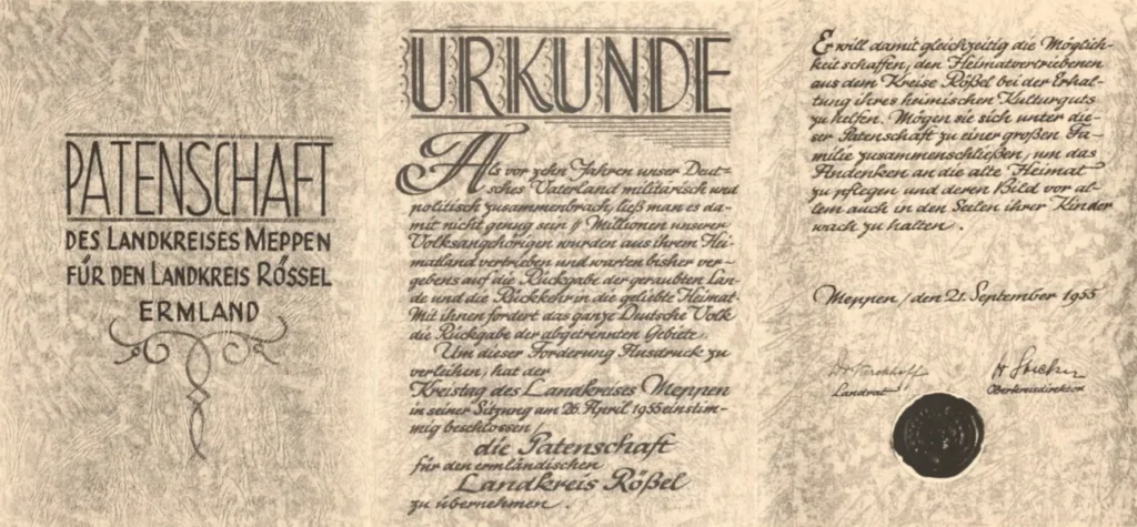 Historische Patenschaftsurkunde von 1955 des Landkreises Meppen für den ermländischen Landkreis Rössel.