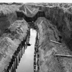Tiefer Erdaushub eines kanalisierten Flusslaufs mit Holzpfählen und Stauwehr im Emsland.