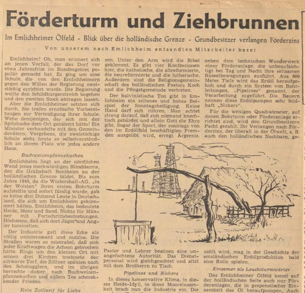 Zeitungsausschnitt der Ems Zeitung von 1952 über das Ölfeld Emlichheim mit Illustration von Förderturm und Bauernhof.