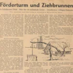 Zeitungsausschnitt der Ems Zeitung von 1952 über das Ölfeld Emlichheim mit Illustration von Förderturm und Bauernhof.