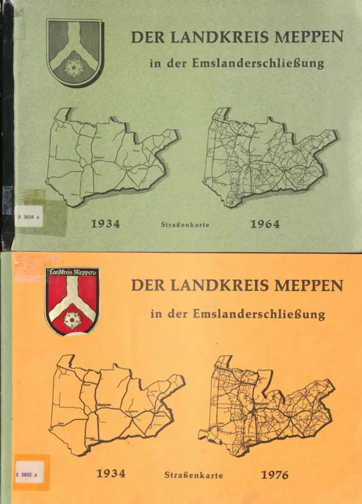 Zwei Broschürencover zeigen Straßenkarten des Landkreises Meppen im Vergleich: 1934 zu 1964 und 1934 zu 1976.