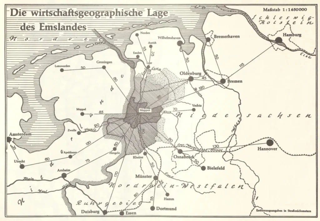 Karte zeigt Meppen als wirtschaftliches Zentrum des Emslandes mit Entfernungsangaben zu umliegenden Städten in Kilometern.