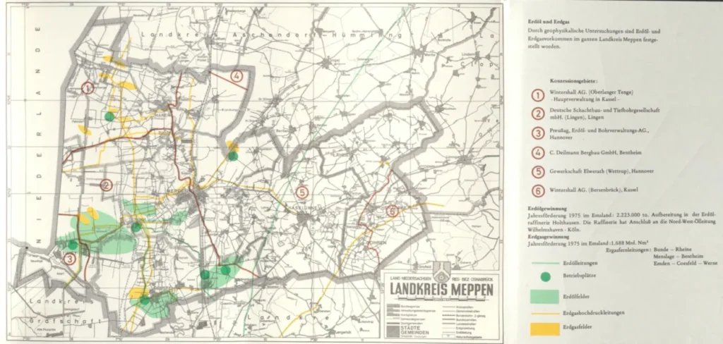 Karte des Landkreises Meppen zeigt Erdöl- und Erdgasfelder, Konzessionsgebiete und Pipelines aus den 1970er Jahren.