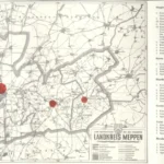 Historische Karte des Landkreises Meppen mit eingezeichneten Versorgungszentren und Infrastruktureinrichtungen der Emslanderschließung.
