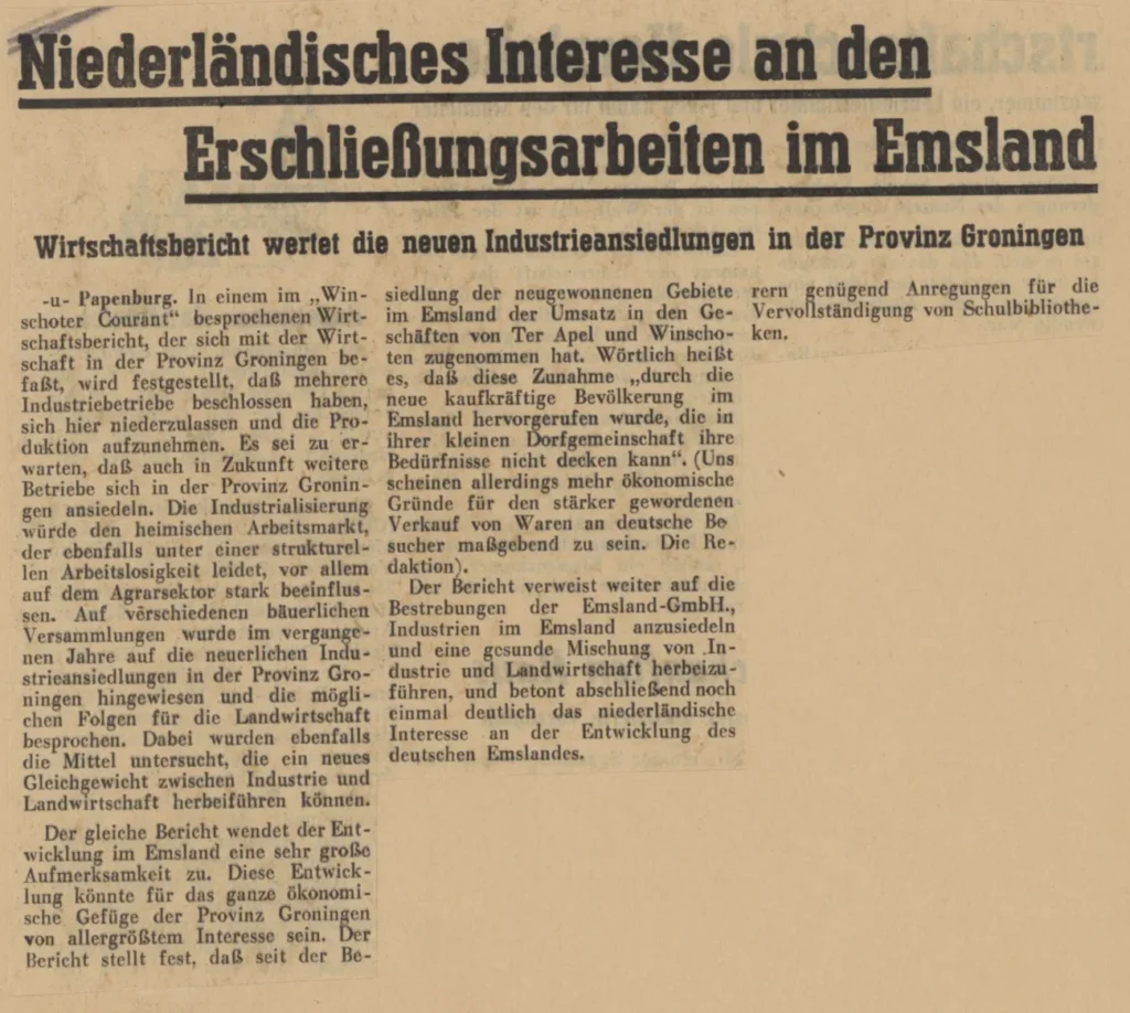 Historischer Zeitungsartikel auf Deutsch über niederländisches Interesse an Industrieansiedlungen im Emsland.