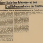 Historischer Zeitungsartikel auf Deutsch über niederländisches Interesse an Industrieansiedlungen im Emsland.