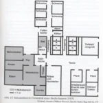 Schematischer Grundriss eines Siedlerhauses von 1955 mit Wohn-, Stall- und Lagerbereichen unter einem Dach.