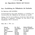Gedruckter Bundestagsantrag vom 21. März 1950 zur Erschließung der Ödländereien des Emslandes mit Unterschriften.