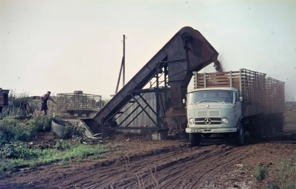 Ein Mercedes-Lkw wird über ein Förderband mit maschinell geworbenem Torf beladen, ein Arbeiter steht daneben.