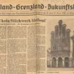Vergilbte Zeitungsbeilage zur Emslandausstellung 1951 mit Artikel und Foto des Rathauses Meppen.
