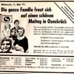 Zeitungsanzeige von 1977 für einen Familienausflug per Sonderzug zu den Osnabrück-Tagen mit Fahrplan und Preisen.