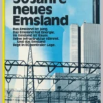 Kühlturm und Schornstein eines Kraftwerks mit Hochspannungsmasten, Werbeplakat für 30 Jahre neues Emsland.