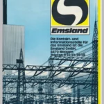 Werbeplakat der Emsland GmbH mit Hochspannungsmasten und Kraftwerk vor blauem Himmel, Kontaktdaten in Meppen.