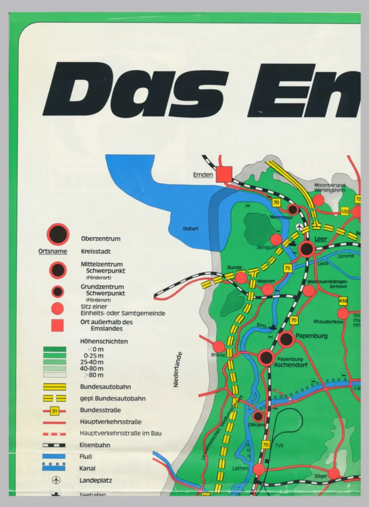Farbige Regionalkarte des Emslandes mit Städten, Verkehrswegen, Legende und dem Titel 'Das Emsland'.