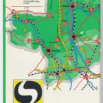 Farbige Regionalkarte des Emslandes zeigt Straßen, Wasserstraßen und die geplante Magnetschwebbahntrasse TVE bei Nordhorn.
