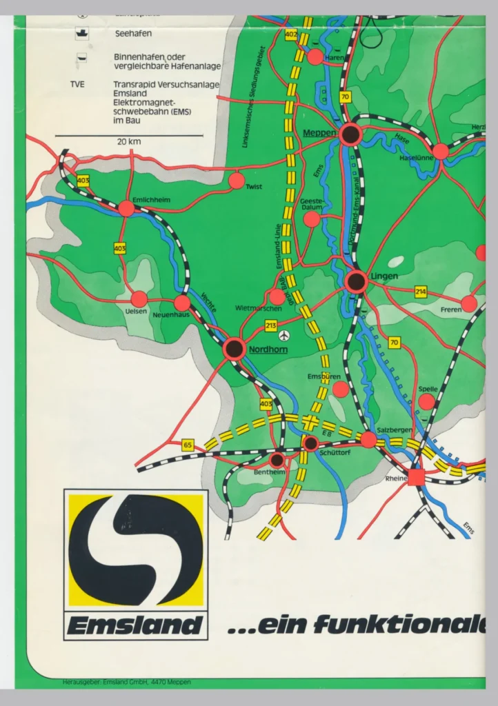 Farbige Regionalkarte des Emslandes zeigt Straßen, Wasserstraßen und die geplante Magnetschwebbahntrasse TVE bei Nordhorn.