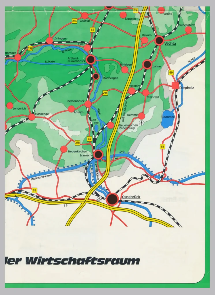 Farbige Regionalstraßenkarte zeigt Verkehrsnetz um Osnabrück und Emsland mit Autobahnen, Bundesstraßen und Wasserstraßen.