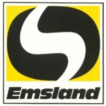 Schwarzes stilisiertes S-Symbol in gelbem Quadrat mit dem Schriftzug Emsland, Logo der Emsland GmbH.