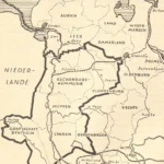 Historische Karte des Emslanderschließungsgebiets mit acht Landkreisen, darunter Meppen, Lingen und Grafschaft Bentheim.