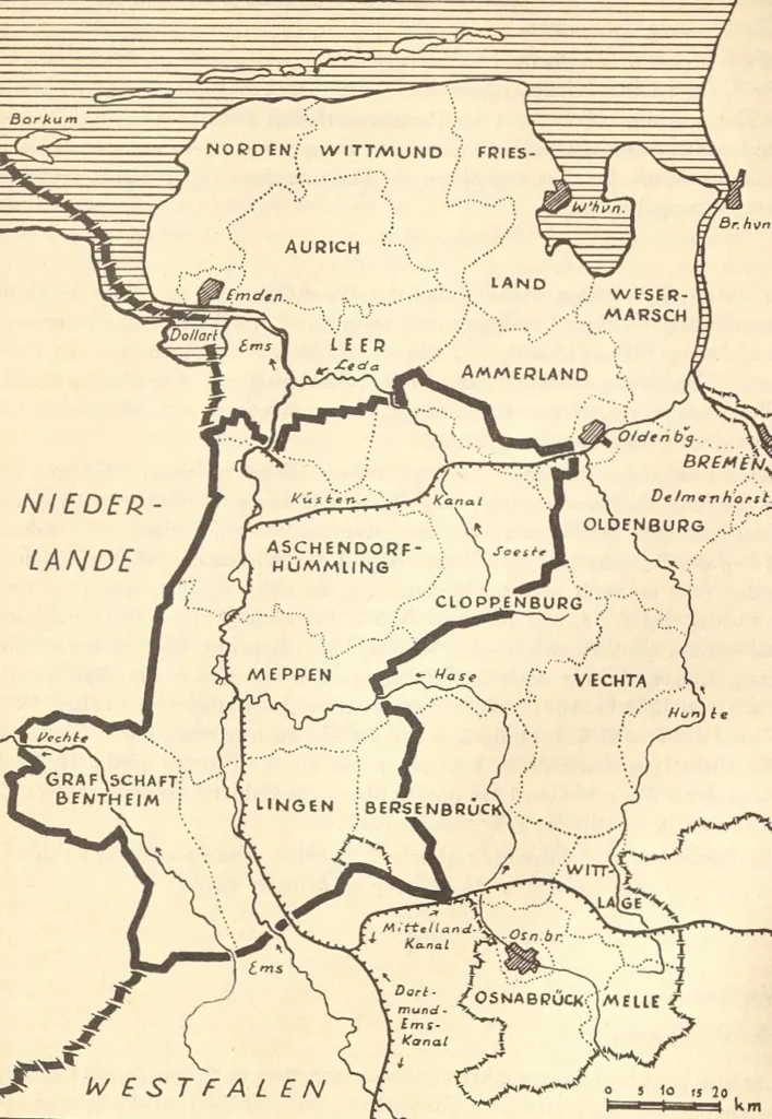 Historische Karte des Emslanderschließungsgebiets mit acht Landkreisen, darunter Meppen, Lingen und Grafschaft Bentheim.